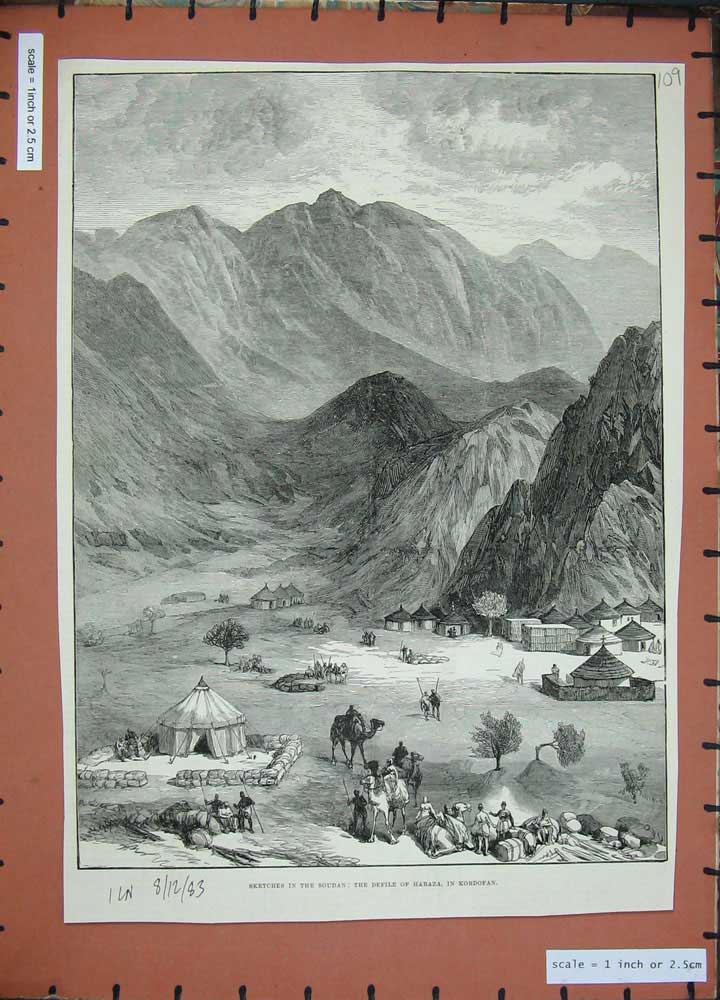 Original Old Antique Print Soudan Defile Haraza Kordofan Mountains Camp Camels