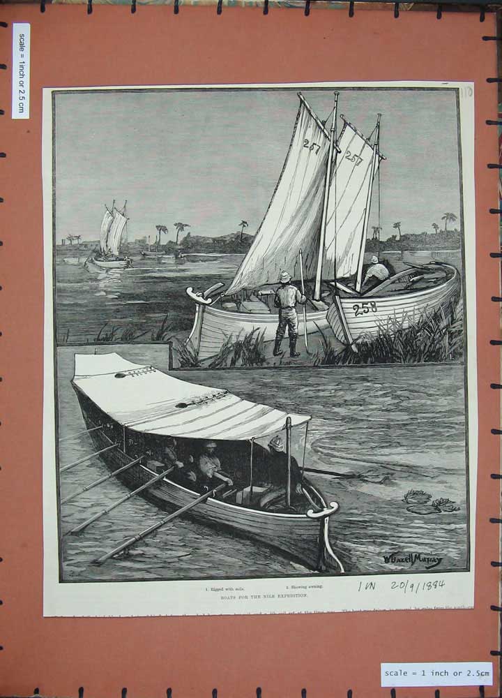 Original Old Antique Print 1884 Boats Nile Expedition Sails Men Awning Fine Art