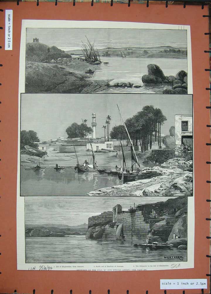 Old Antique Print Isle Elephantine Assouan 1884 Harbour Sailing Boats Art 19th
