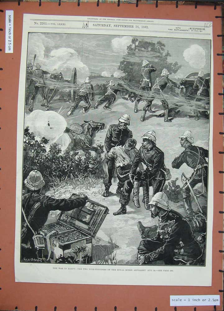 Original Old Antique Print 1882 War Egypt Royal Horse Artillery Siers Weapons