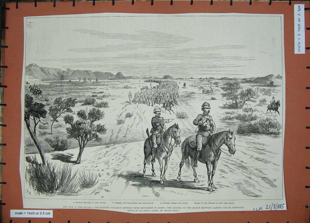 Original Old Antique Print 1885 War Soudan Redvers Buller Metammeh Korti Siers
