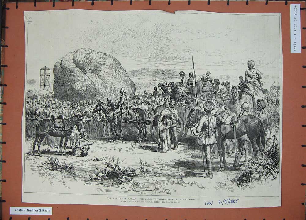 Original Old Antique Print 1885 War Soudan Tamai Hot Air Balloon Siers Horses