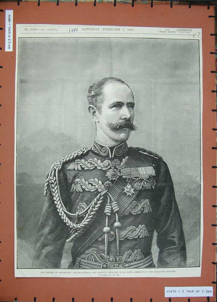 Original Old Antique Print 1885 Khartoum Major-General Herbert Stewart Sier War