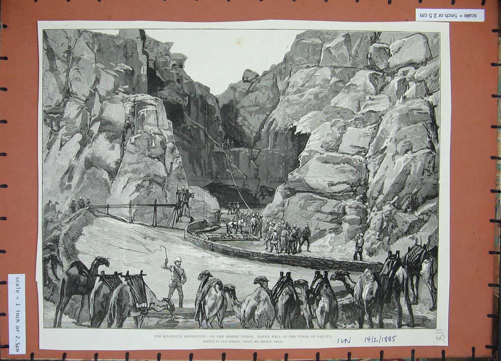 Original Old Antique Print 1885 Khartoum War Wells Gakdui Siers Camels Rocks
