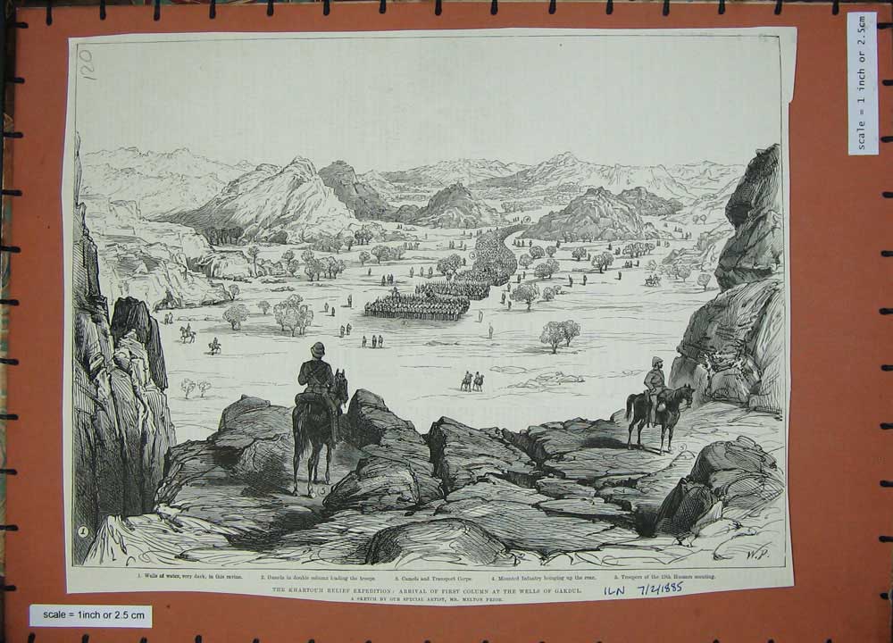 Original Old Antique Print 1885 Khartoum War Wells Gakdul Siers Horses Hills