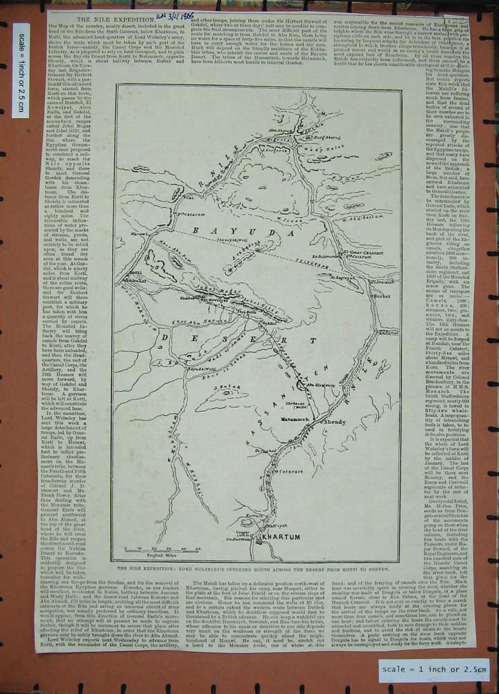 Original Old Antique Print 1885 Nile Expedition Lord Wolseley Desert Map Shendy