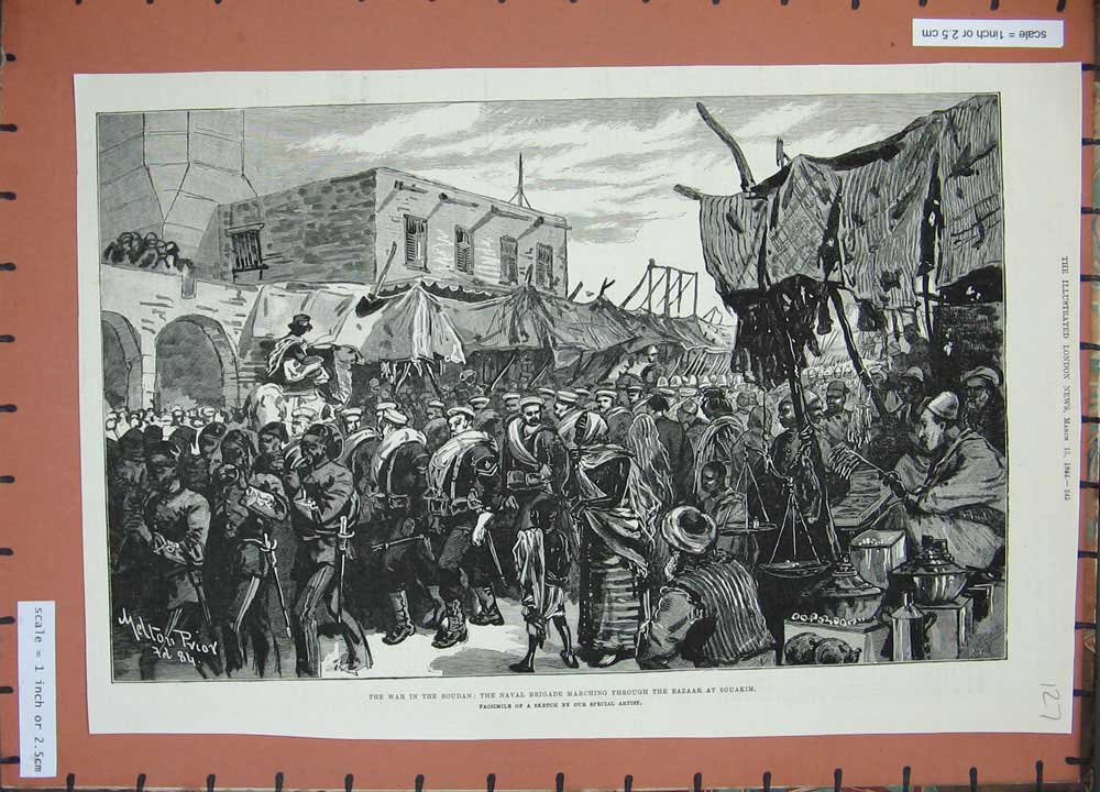 Original Old Antique Print 1884 War Soudan Naval Brigade Bazaar Souakim Siers
