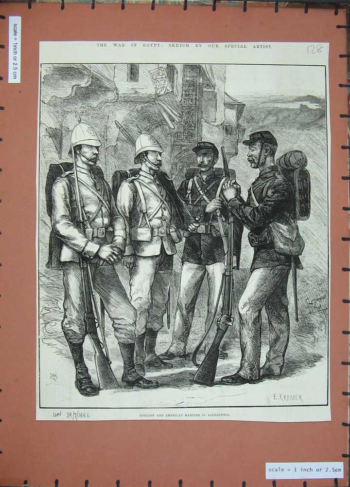 Original Old Antique Print 1882 English American Marines Alexandria Siers War