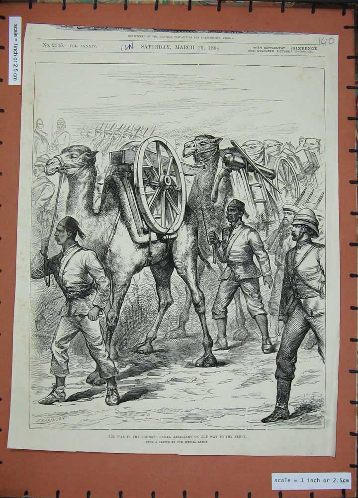Original Old Antique Print 1884 War Soudan Camel Artillery Siers Weapons Men
