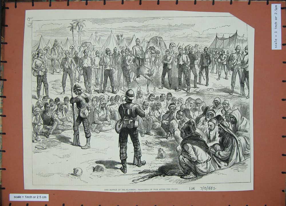 Original Old Antique Print 1882 Battle Tel-El-Kebir Prisoners War Siers Horses