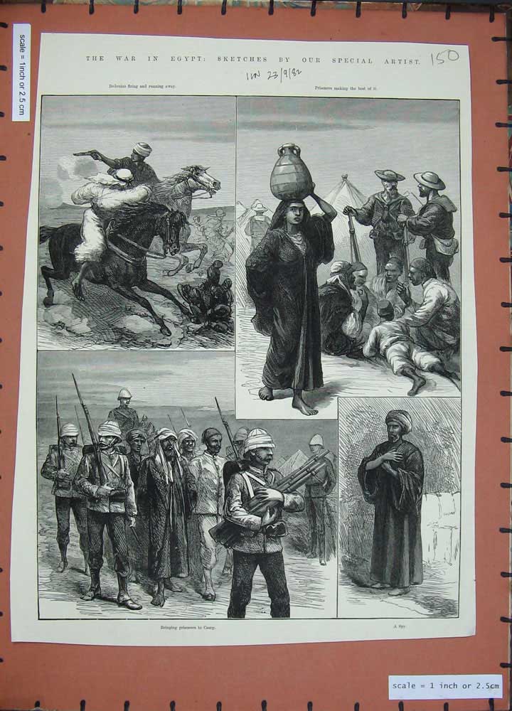 Original Old Antique Print 1882 War Egypt Prisoners Camp Siers Horses Weapons