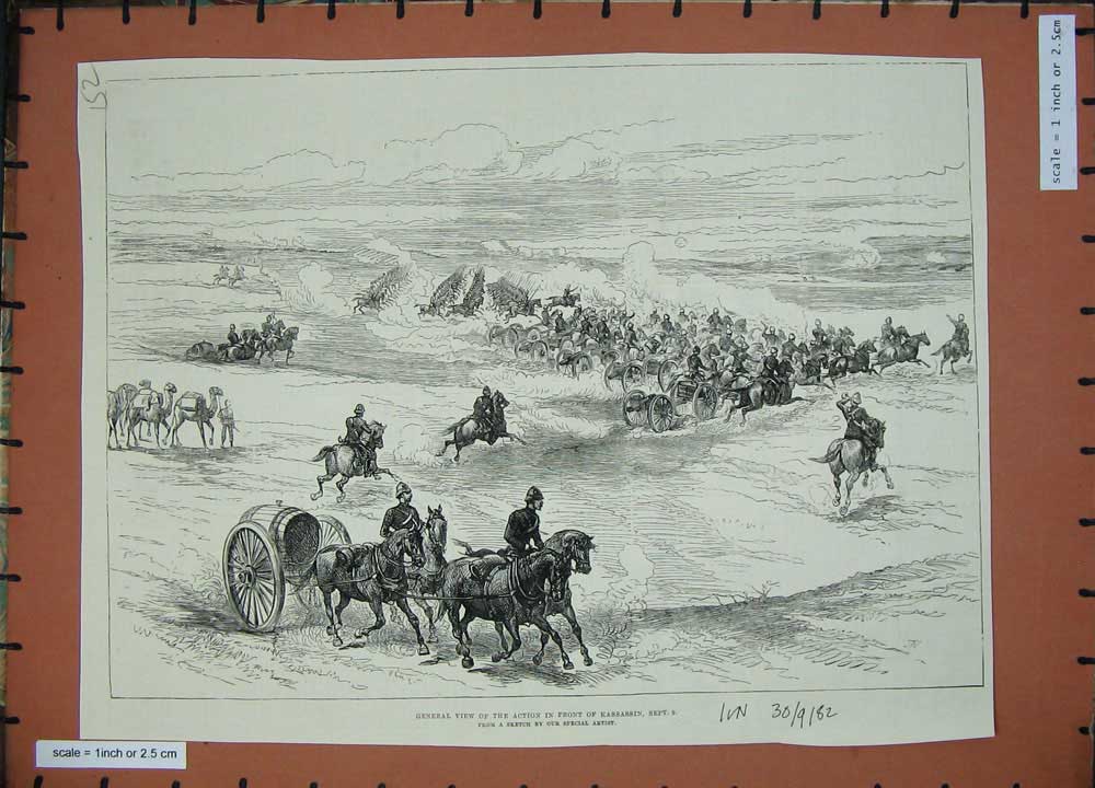 Original Old Antique Print 1882 War Battle Kassassin Horses Siers Weapons 19th