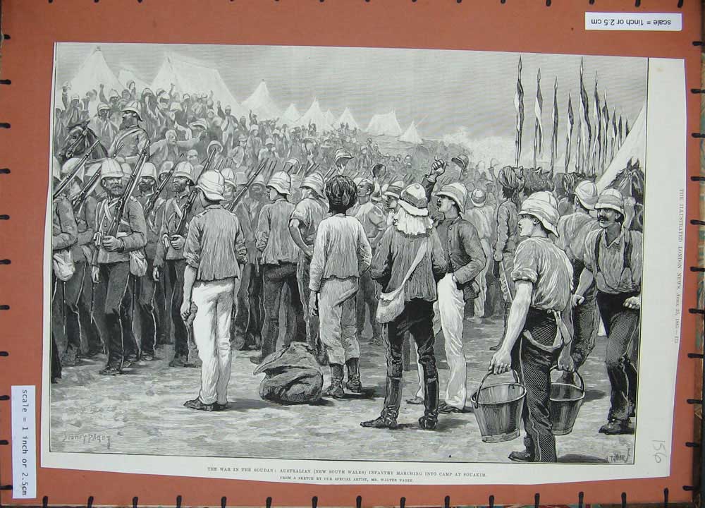Old Antique Print 1885 War Soudan Australian Infantry Camp Souakim Army 19th