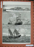 Original Old Antique Print 1886 Boston Steam Trawler Ship Deep-Sea Fishing Dock