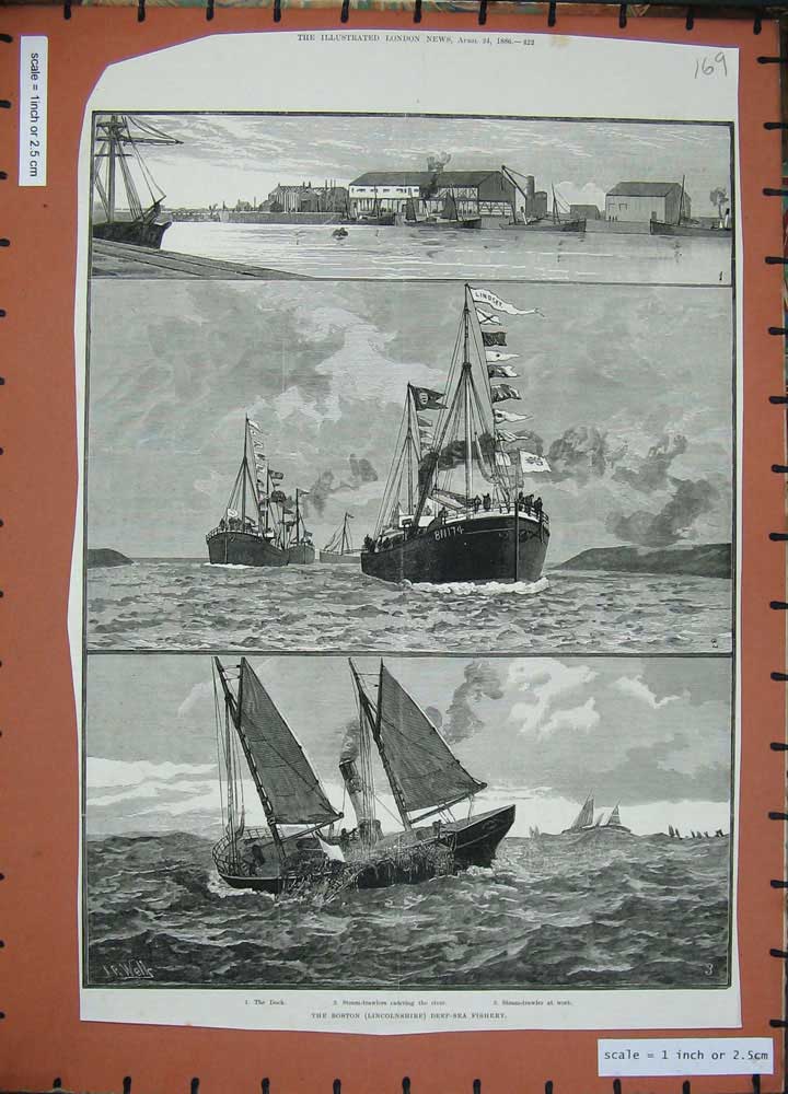 Old Antique Print 1886 Boston Ship Lincolnshire Deep-Sea Fishing Trawler 19th