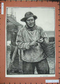 Original Old Antique Print 1885 Fisherman Basket Fishing Sea Rainey Fine Art