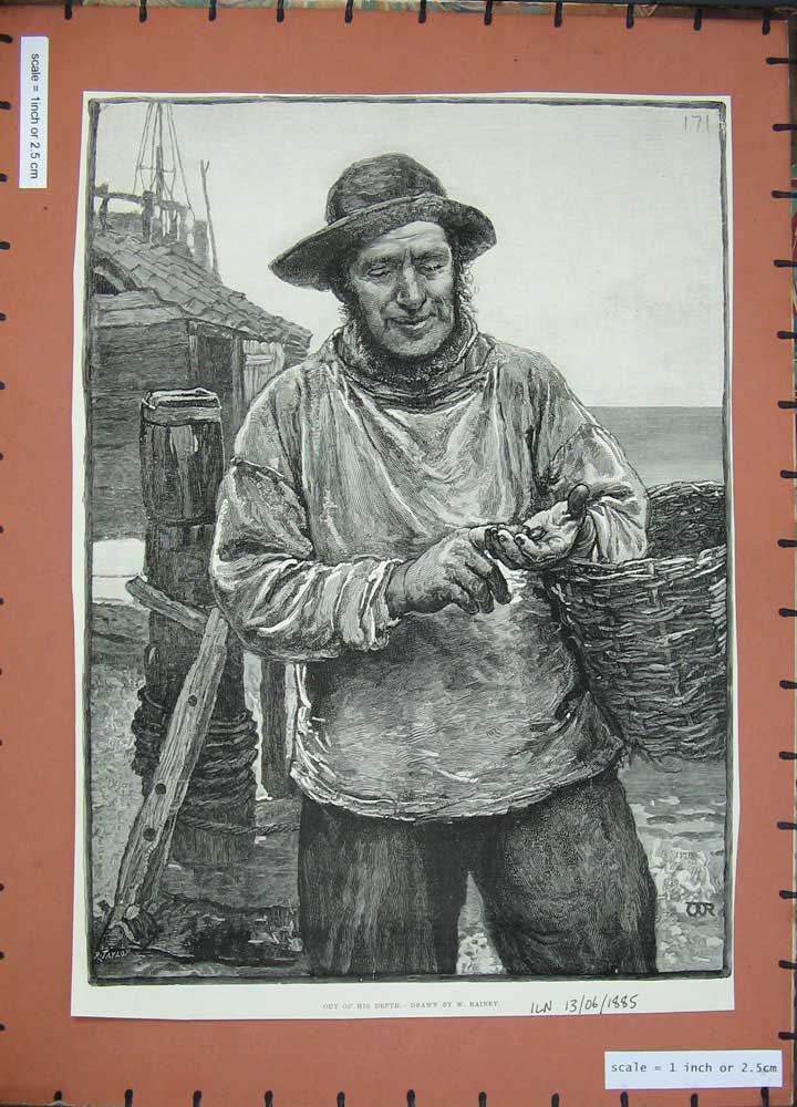 Original Old Antique Print 1885 Fisherman Basket Fishing Sea Rainey Fine Art