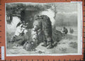 Original Old Antique Print 1857 Fisherman Home Family Boat Sea Hill Fine Art
