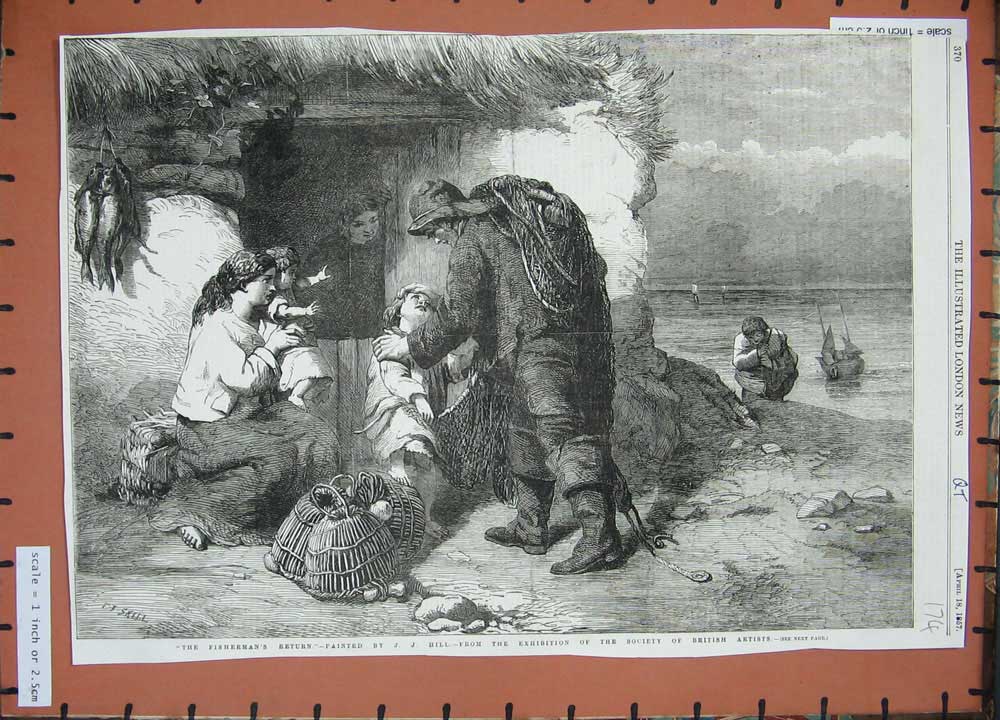 Original Old Antique Print 1857 Fisherman Home Family Boat Sea Hill Fine Art