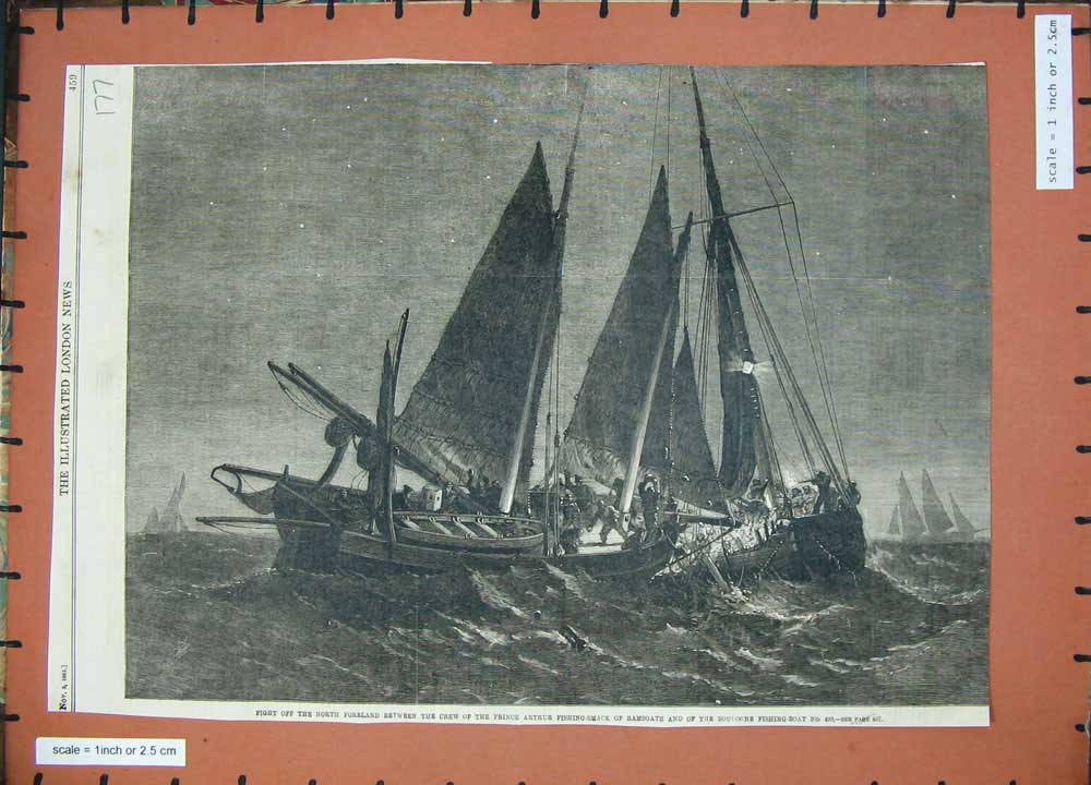 Old Antique Print 1861 North Foreland Prince Arthur Fishing Boat Ramsgate 19th