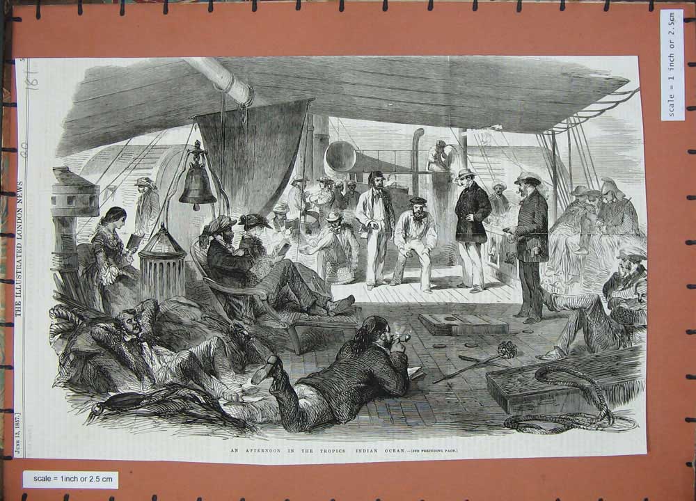 Original Old Antique Print 1857 Tropics Indian Ocean Men Sailors Ship Victorian
