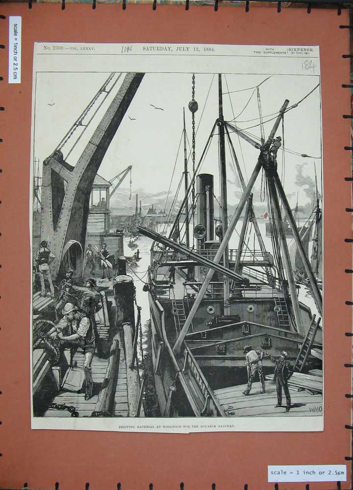 Old Antique Print 1884 Shipping Material Woolwich Souakim Railway Ships 19th