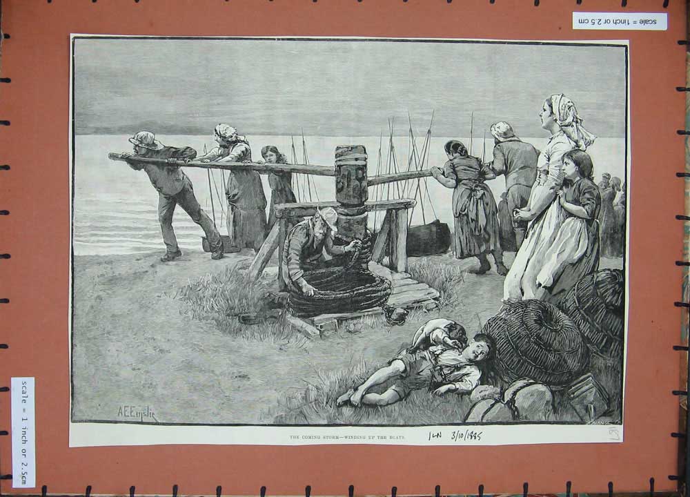 Old Antique Print 1885 Winding Boats Storm Women Children Nets Fine Art 19th