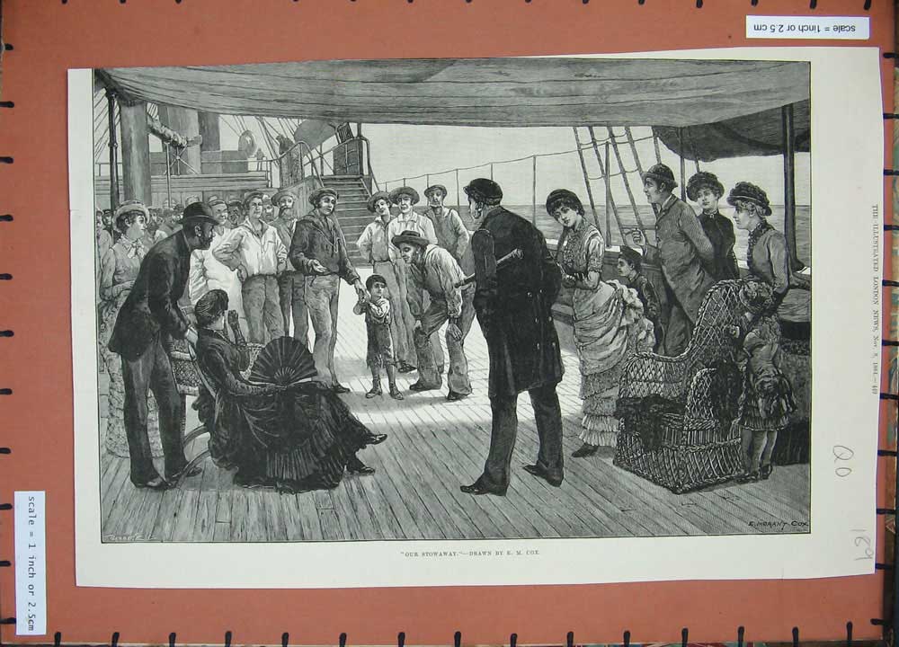 Old Antique Print Little Boy Stowaway Ship 1884 Deck People Cox Fine Art 19th