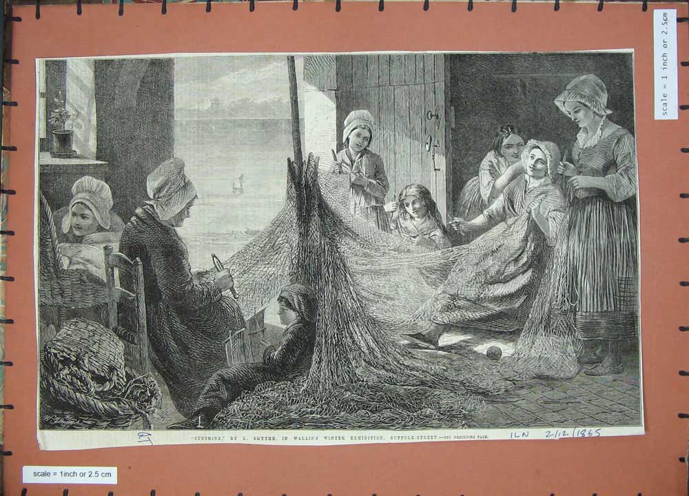 Original Old Antique Print 1865 Women Children Fishing Nets Manufacture Wallis