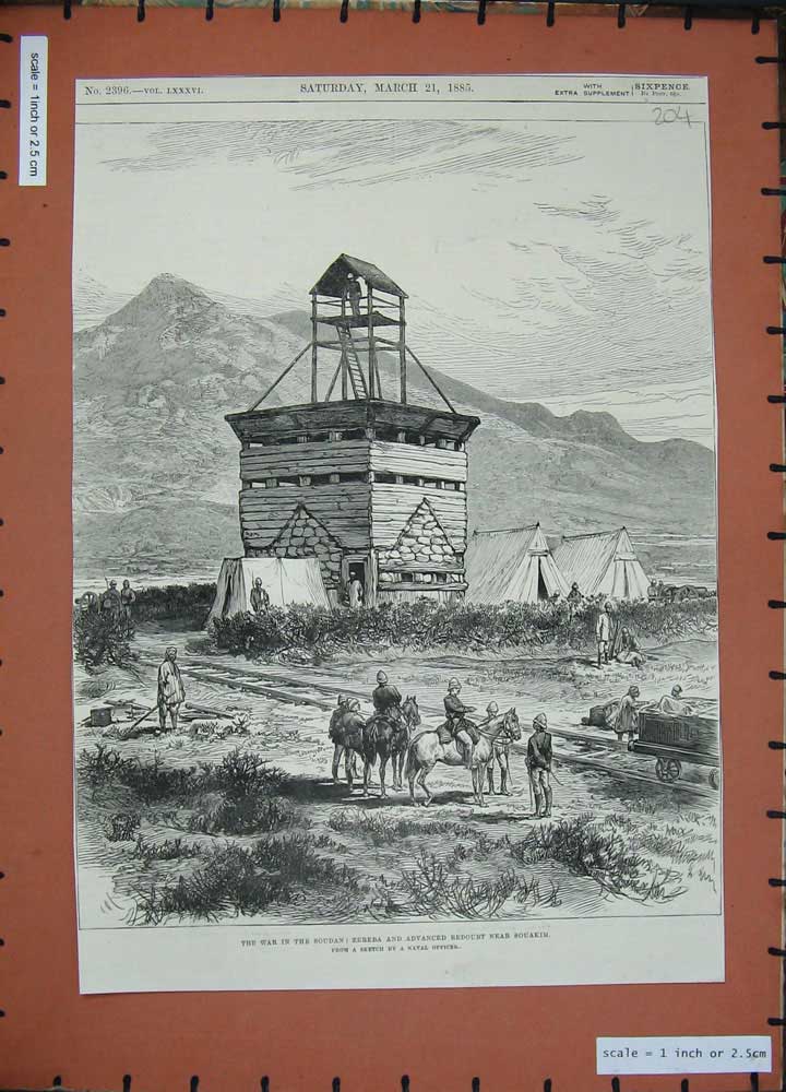 Original Old Antique Print 1885 War Soudan Zereba Redoubt Souakim Horses Siers