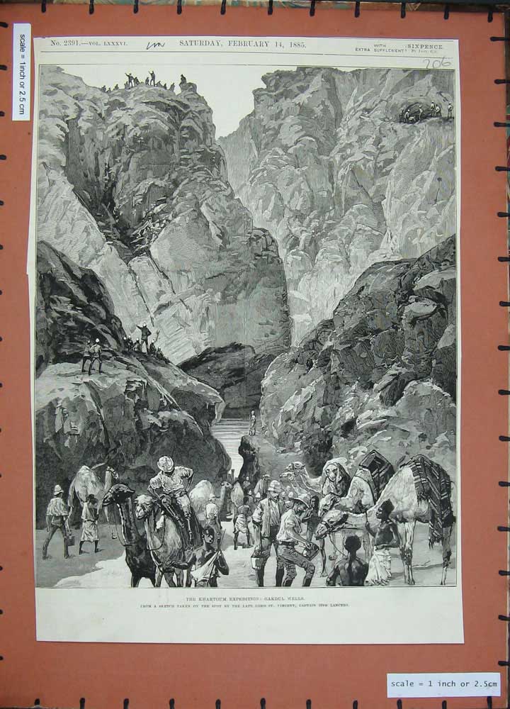 Original Old Antique Print 1885 Khartoum Expedition Gakdul Wells Mountains War