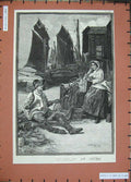 Original Old Antique Print 1885 Davidson Knowles Man Woman Fishing Nets Ships