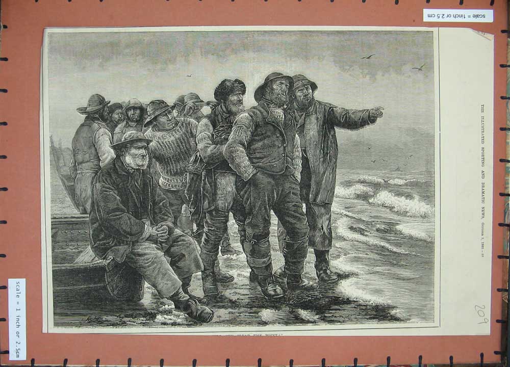 Original Old Antique Print 1880 Fishermen Sea Storm Boats Industry Fine Art