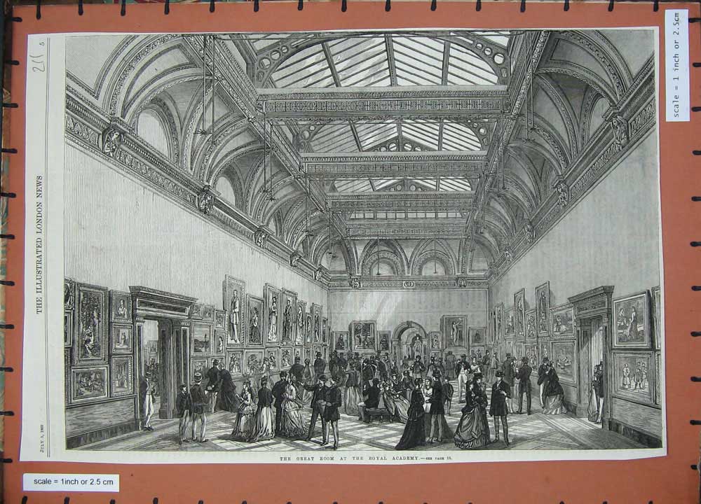 Original Old Antique Print 1869 Interior Great Room Royal Academy Paintings Art