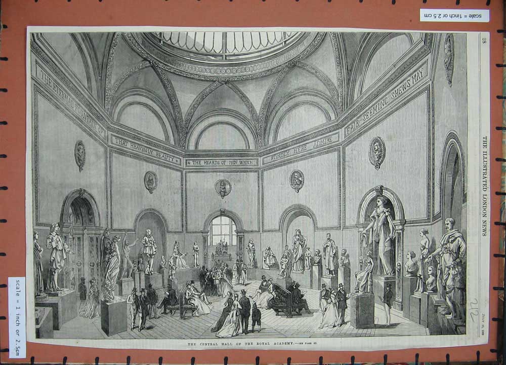 Original Old Antique Print Central Hall Royal Academy 1869 Statues Sculptures