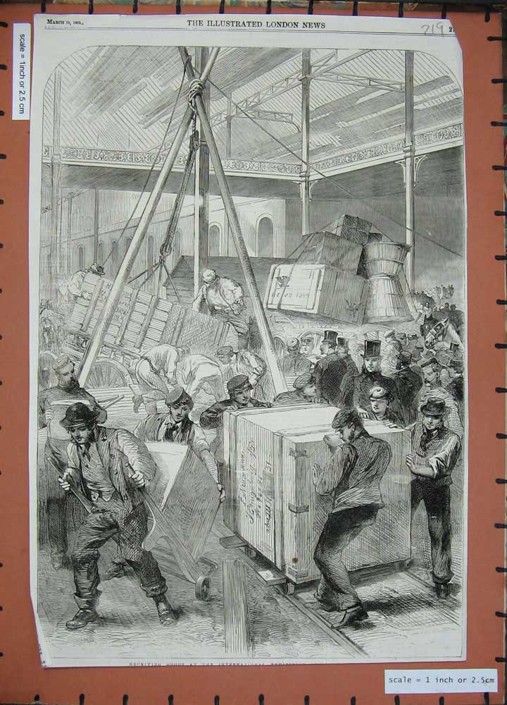 Original Old Antique Print 1862 International Exhibition Goods Crates Men Boxes