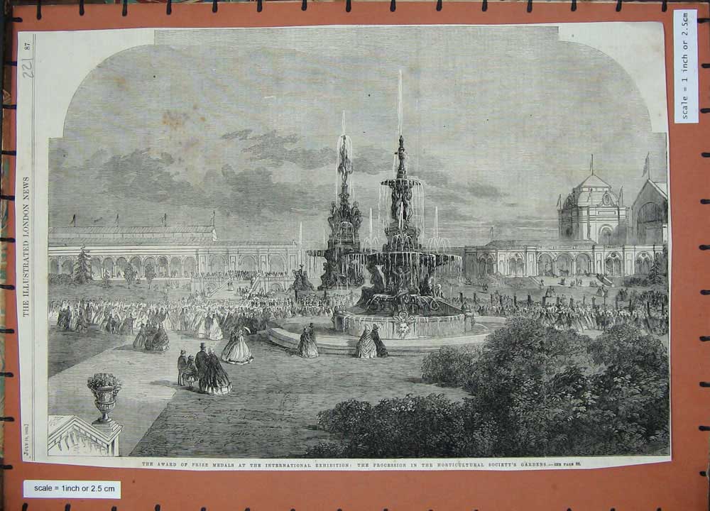 Old Antique Print 1862 Horticultural Society Gardens International Medals 19th