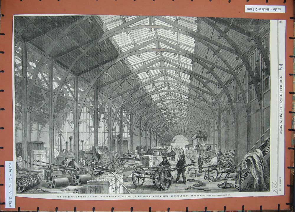 Original Old Antique Print 1862 International Exhibition Building Agricultural