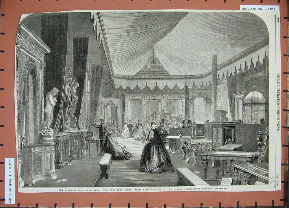 Original Old Antique Print 1862 International Exhibition Furniture Court Statue