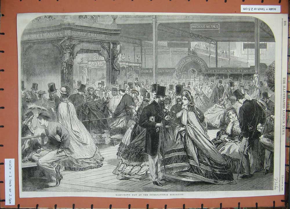 Original Old Antique Print 1862 Half-Crown Day International Exhibition People