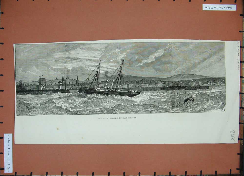 Old Antique Print 1882 Lively Ship Douglas Harbour Houses Town Fine Art 19th
