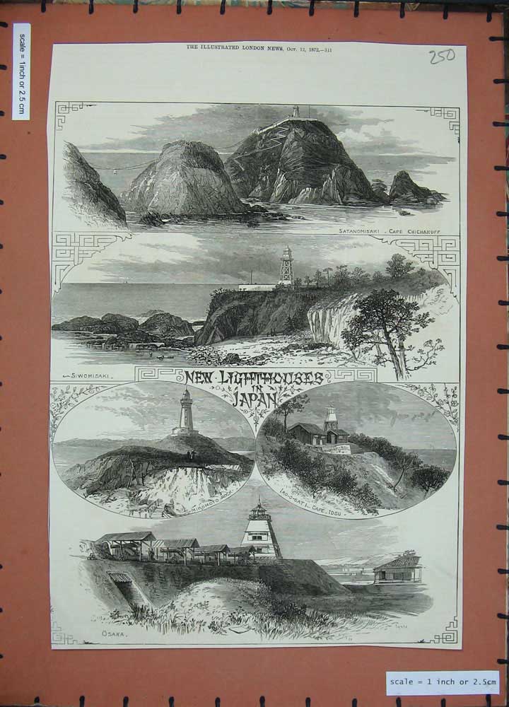 Original Old Antique Print 1872 Japan Osaka Mikomoto Siwomisaki Cape Chichakoff