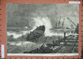 Original Old Antique Print 1866 Surf Boat Port Elizabeth Algoa Bay Ships Stormy