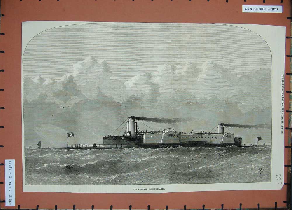 Original Old Antique Print 1872 Bessemer Saloon-Steamer Ship Sea Fine Art 19th