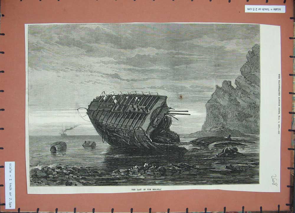 Original Old Antique Print 1871 Ship Wreck Magaera Sea-Shore Cliffs Fine Art