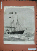 Original Old Antique Print 1858 Cherbourg Fetes Royal Yacht Needles Light-House