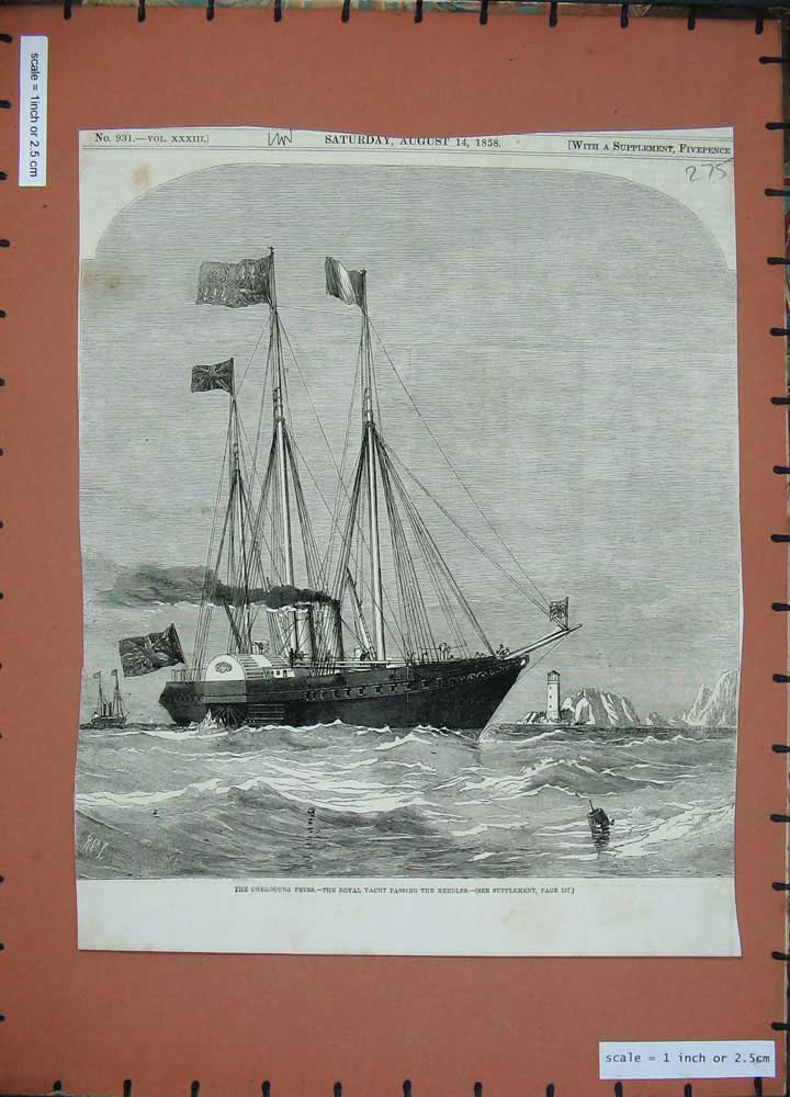 Original Old Antique Print 1858 Cherbourg Fetes Royal Yacht Needles Light-House