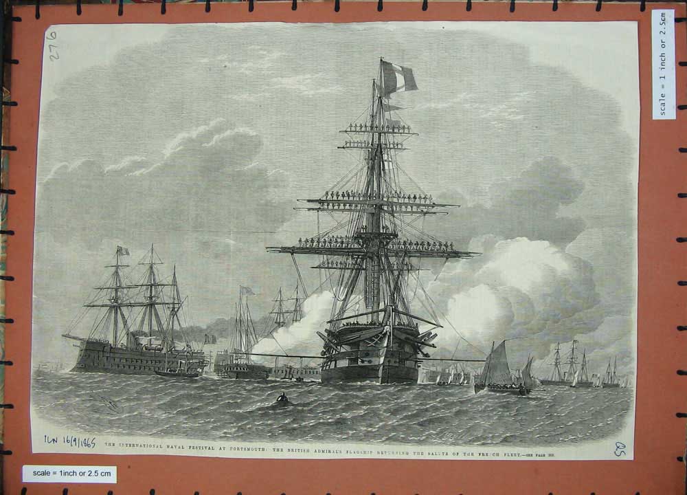 Old Antique Print 1865 British Admirals Flagship Portsmouth French Ships 19th