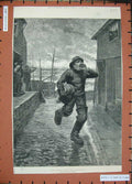 Original Old Antique Print 1887 Life Boat Man Shouting Street Houses Sea Ship