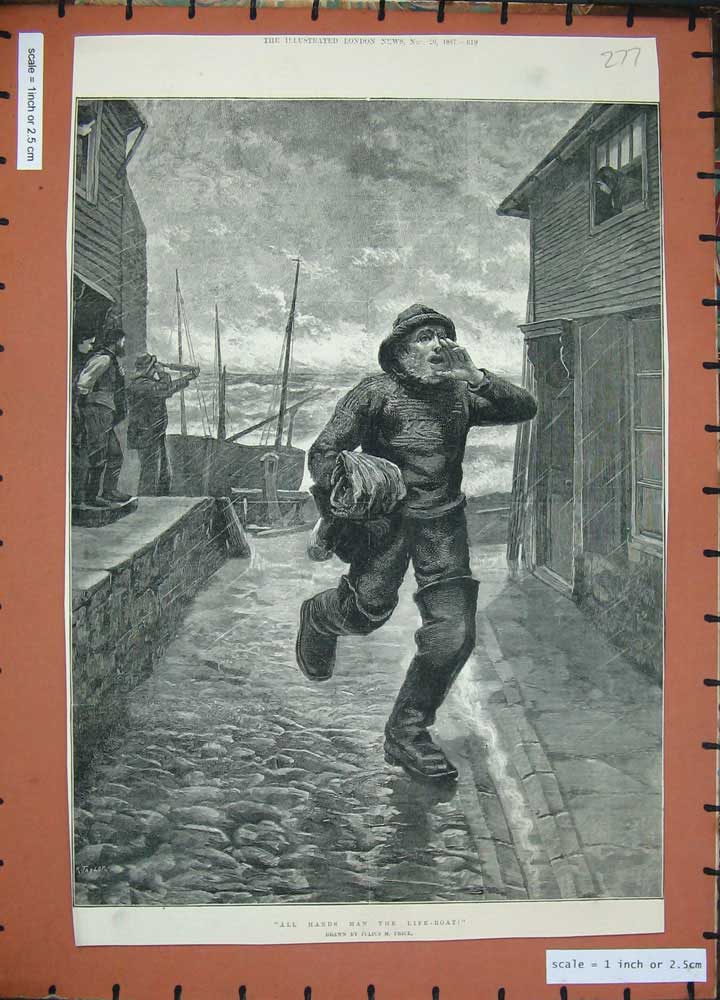 Original Old Antique Print 1887 Life Boat Man Shouting Street Houses Sea Ship